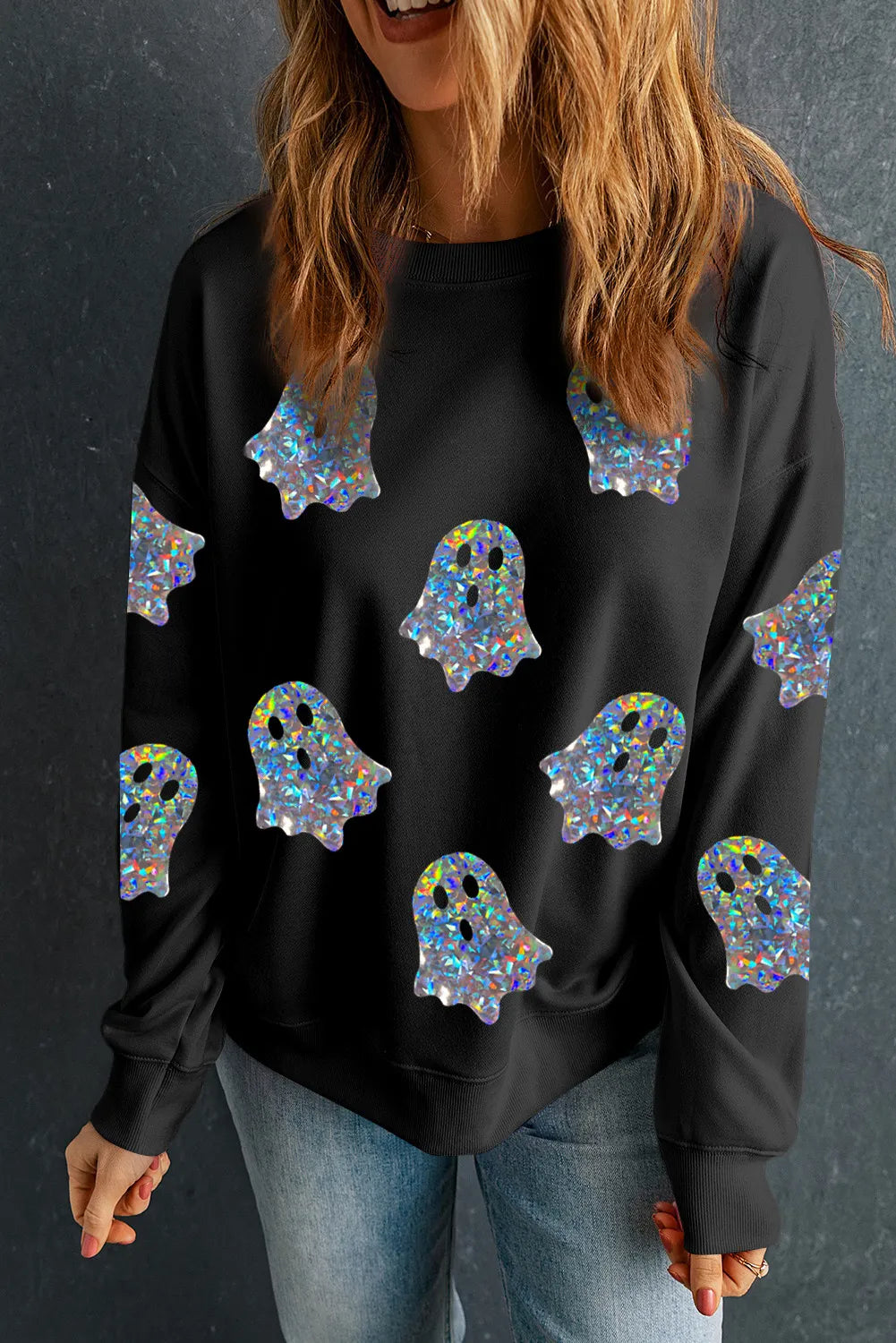 Ghost Round Neck Long Sleeve Sweatshirt - Black