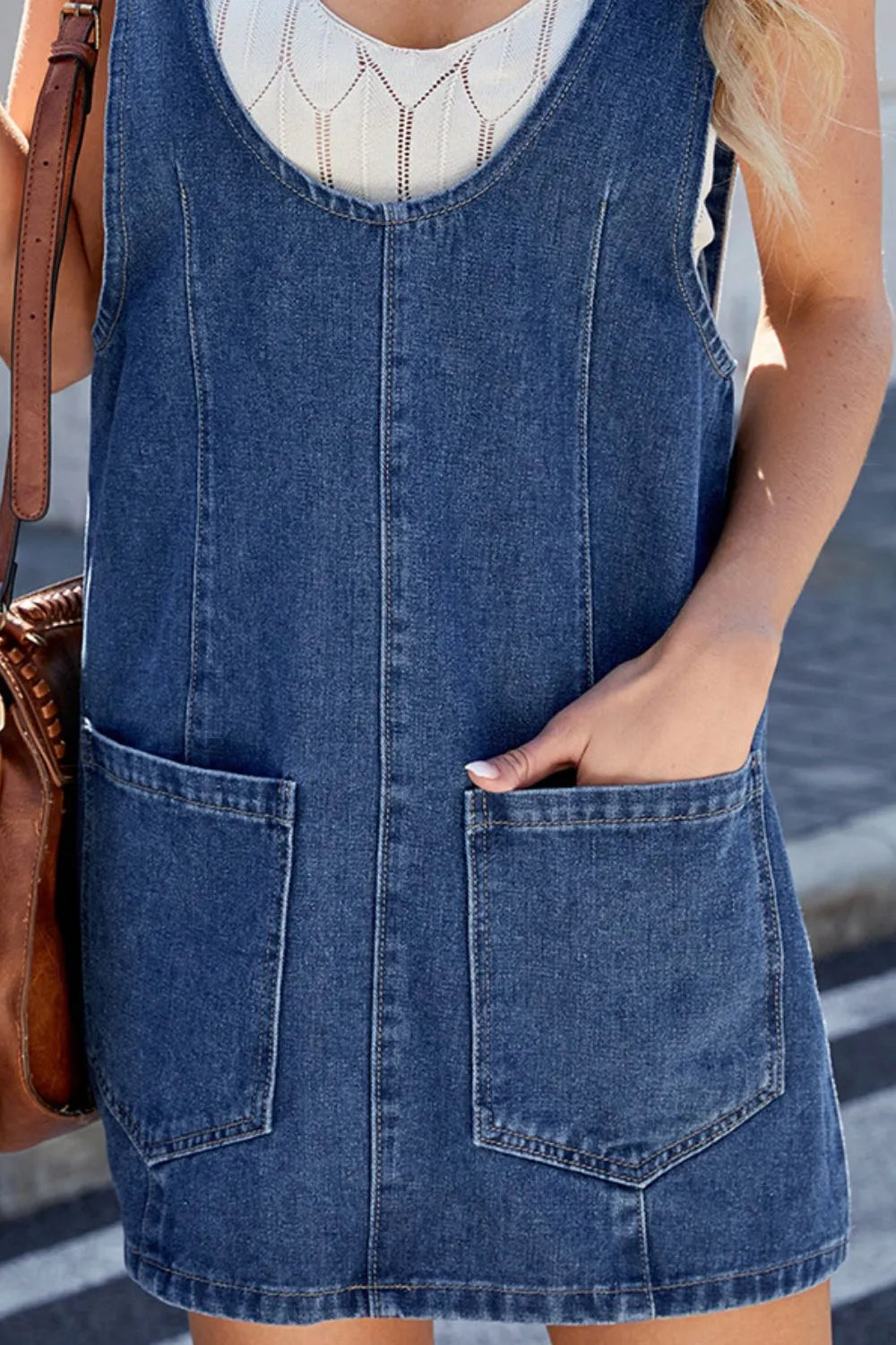 Scoop Neck Denim Overall Dress -