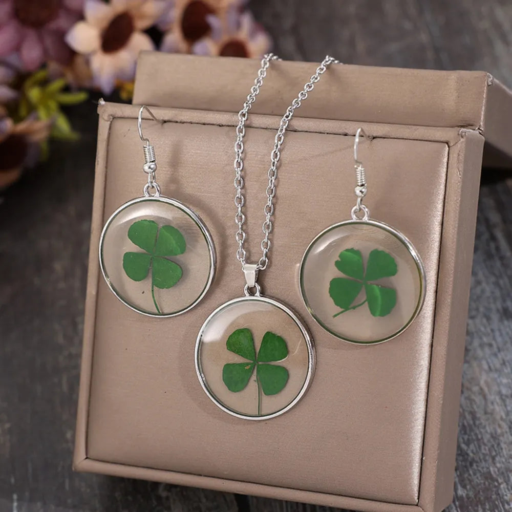 Lucky Clover Alloy Acrylic Earrings and Necklace Jewelry Set -