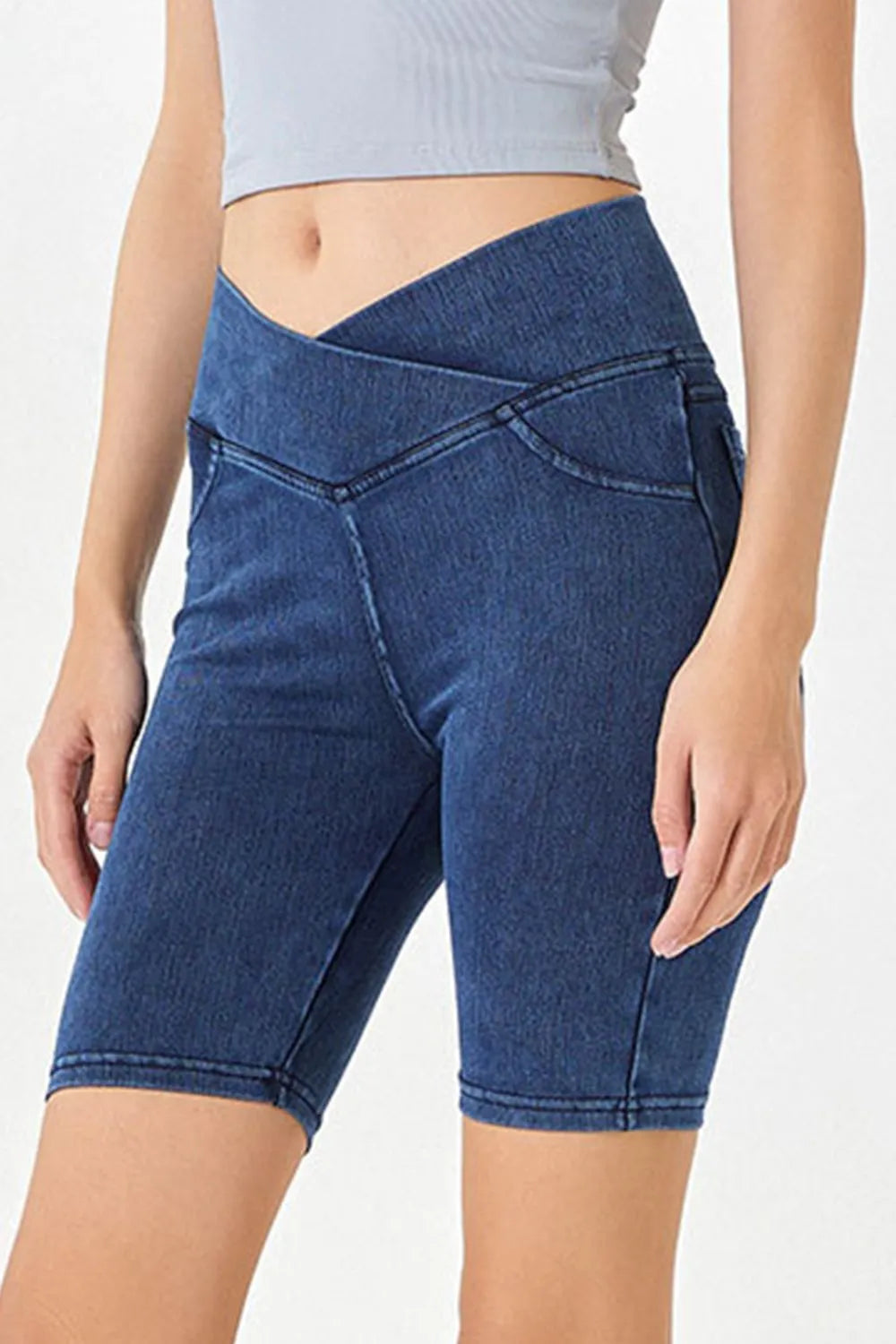 Asymmetrical Waist Denim Shorts - Peacock Blue
