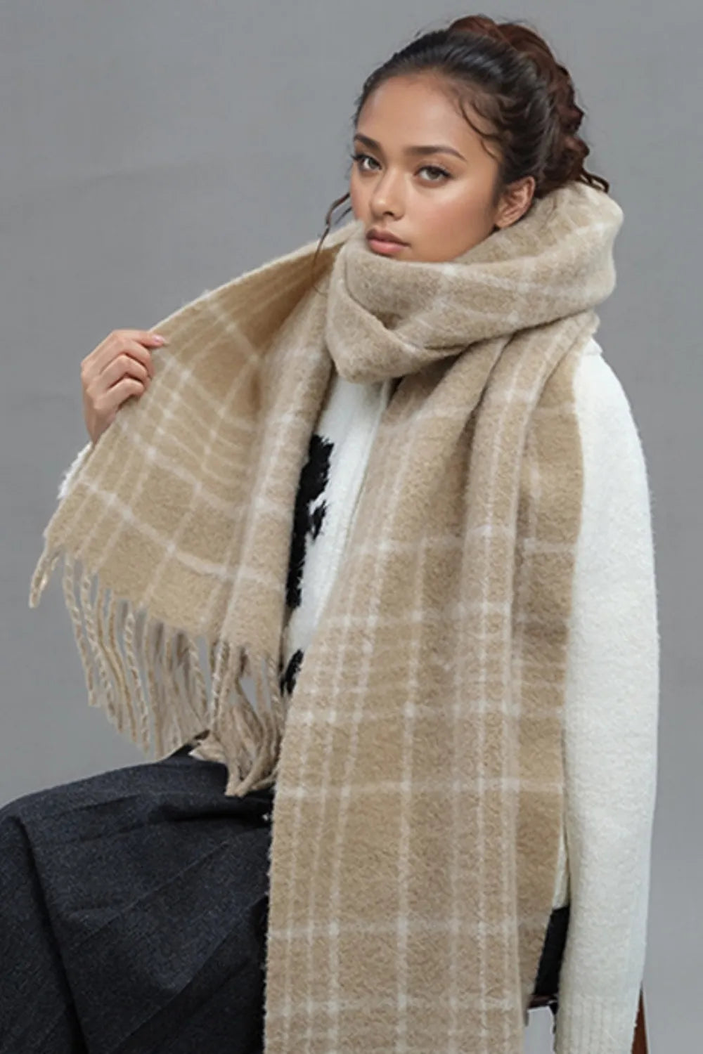 Fringe Plaid Thermal Scarf - Tan One Size