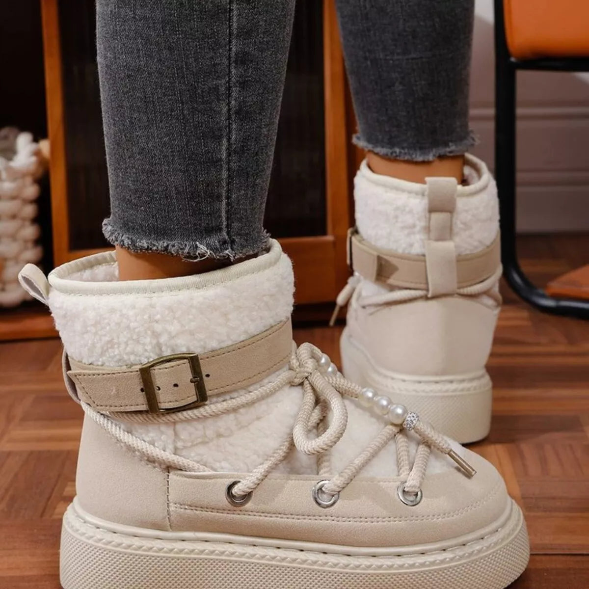 Lace Up Platform Boots - Beige