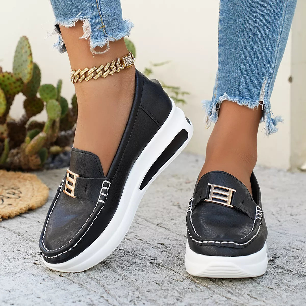 Metal Buckle Round Toe Slip-Ons - Black