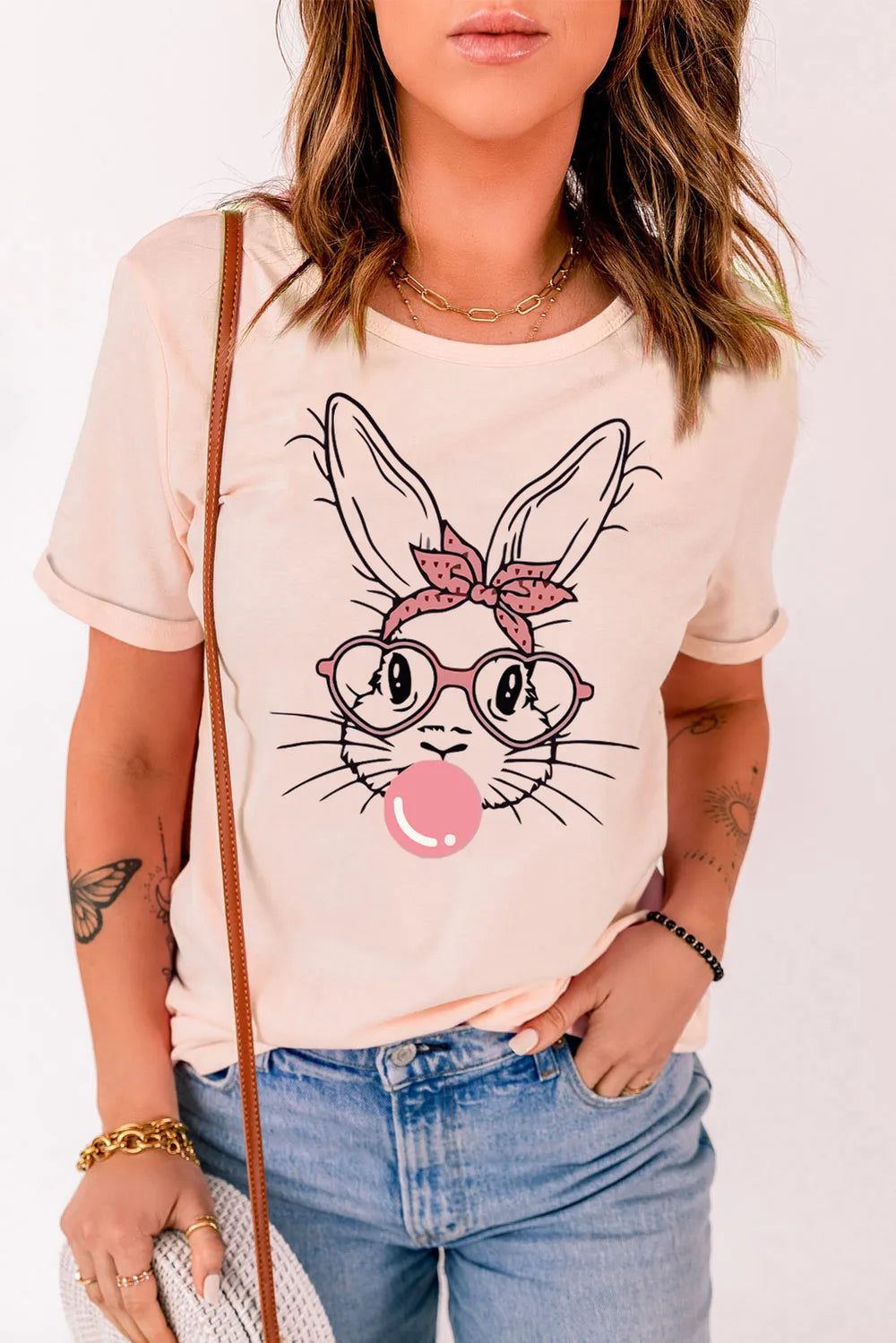 Rabbit Graphic Round Neck T-Shirt - Blush Pink