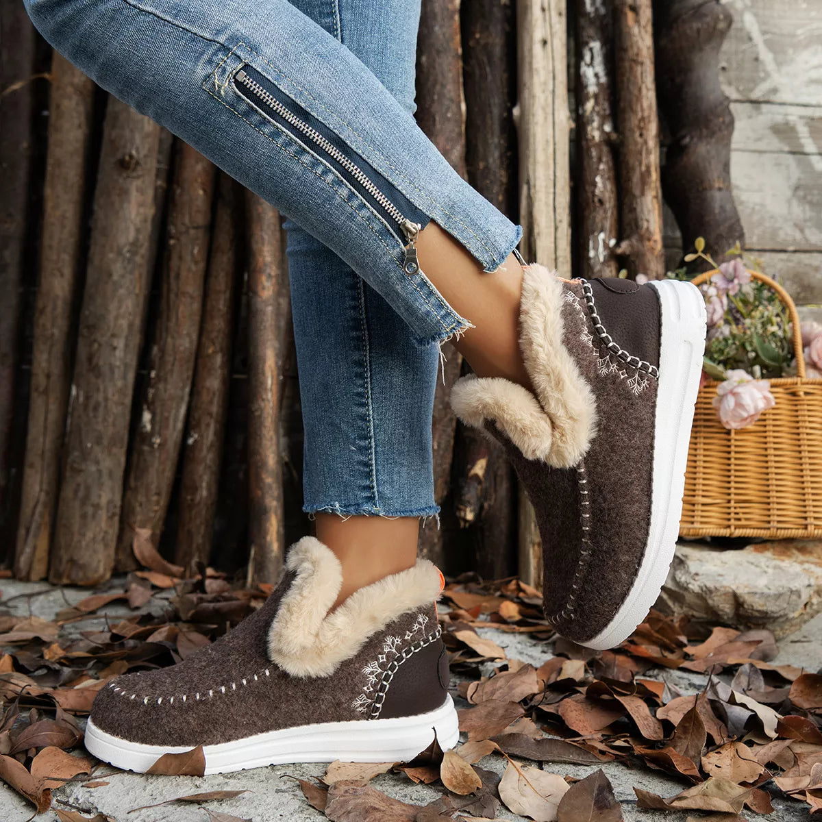Cozy Fur-Trimmed Slip-Ons - Reddish Brown