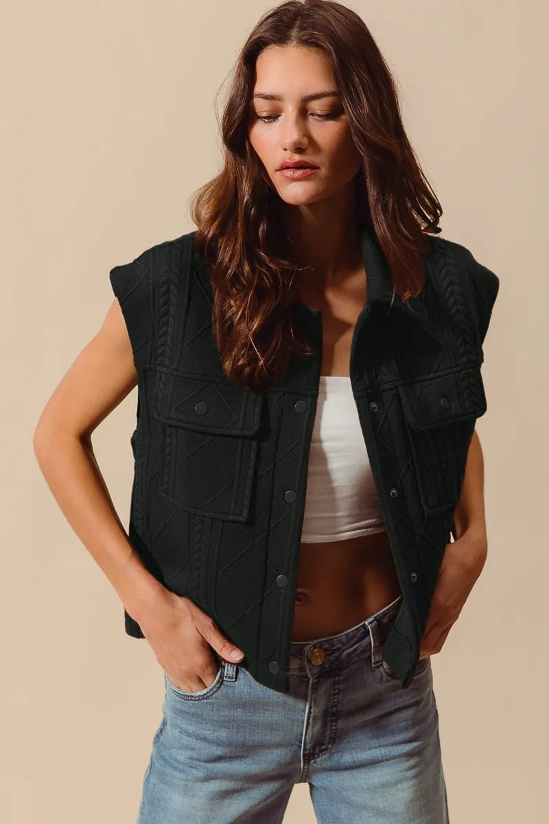 Cable Quilting Stitch Button Up Knit Vest - Black