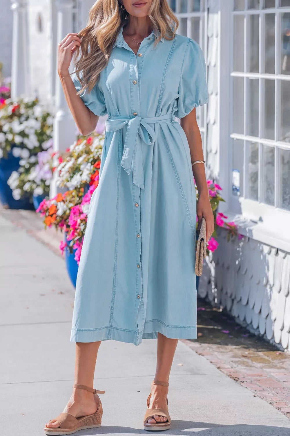 light blue dress with buttons Women's 3/4 Sleeve Cotton Linen Dresses Casual Summer A Line Solid Dress  Fashion Button Front Dress Light Blue at Amazon Women's Clothing store