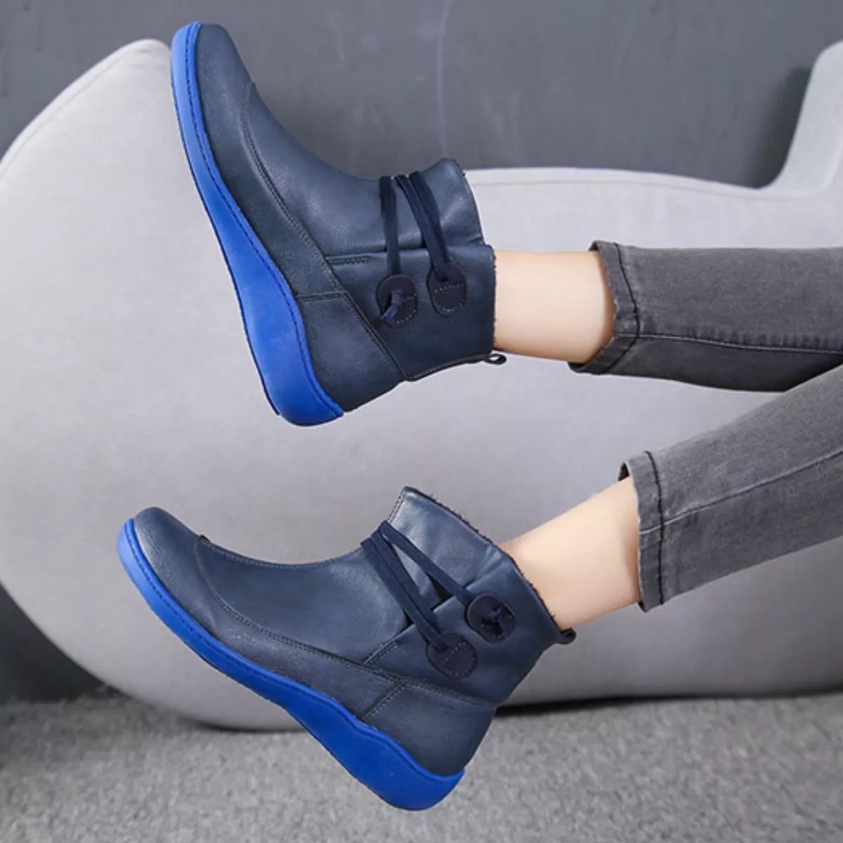 Button Detail Ankle Boots - Navy