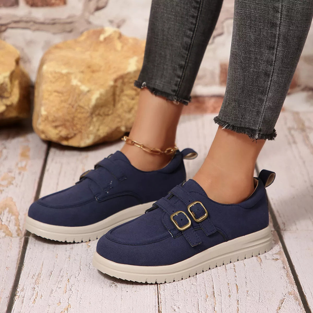 Buckle Accent Casual Loafers - Blue
