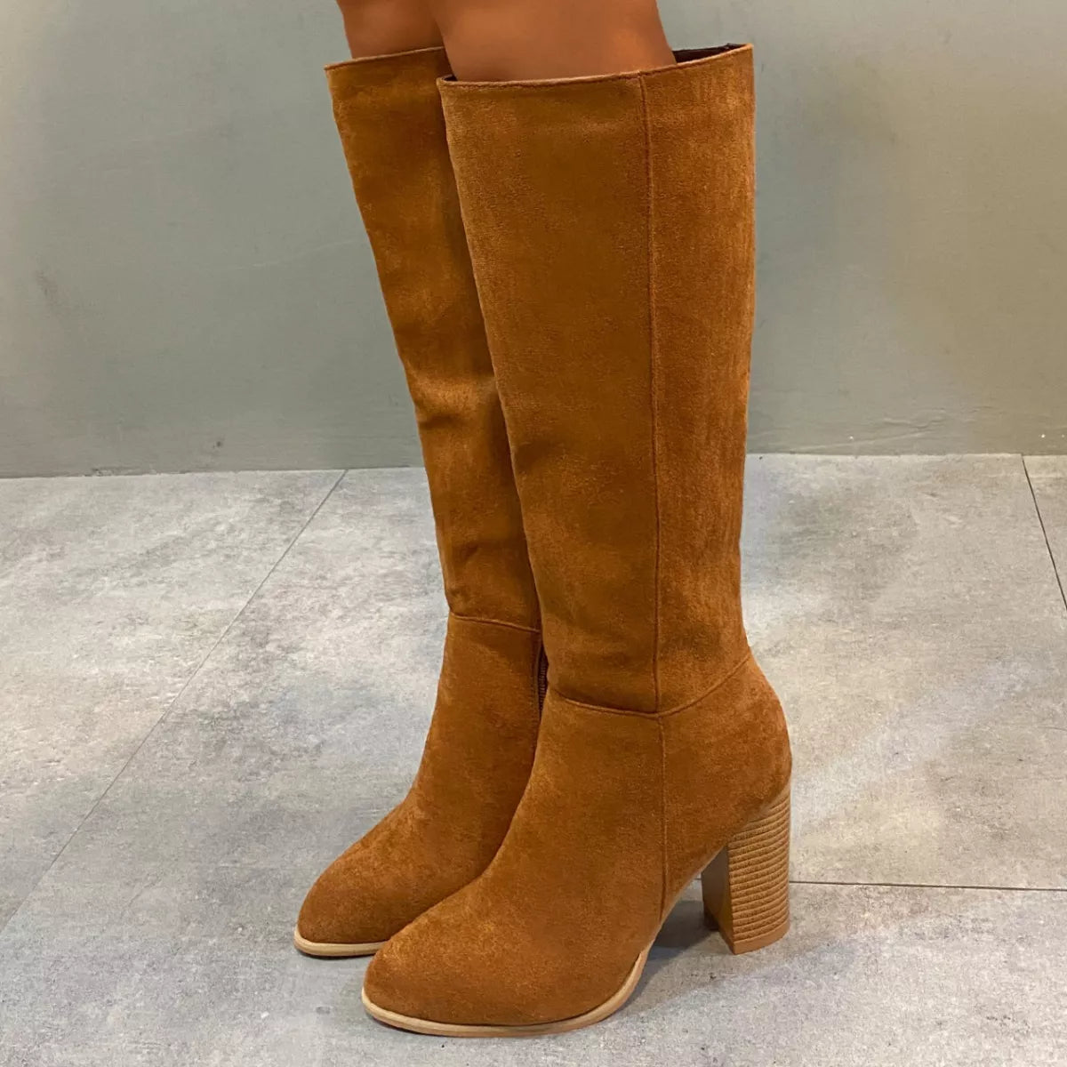 Point Toe Knee-High Suede Block Heel Boots -