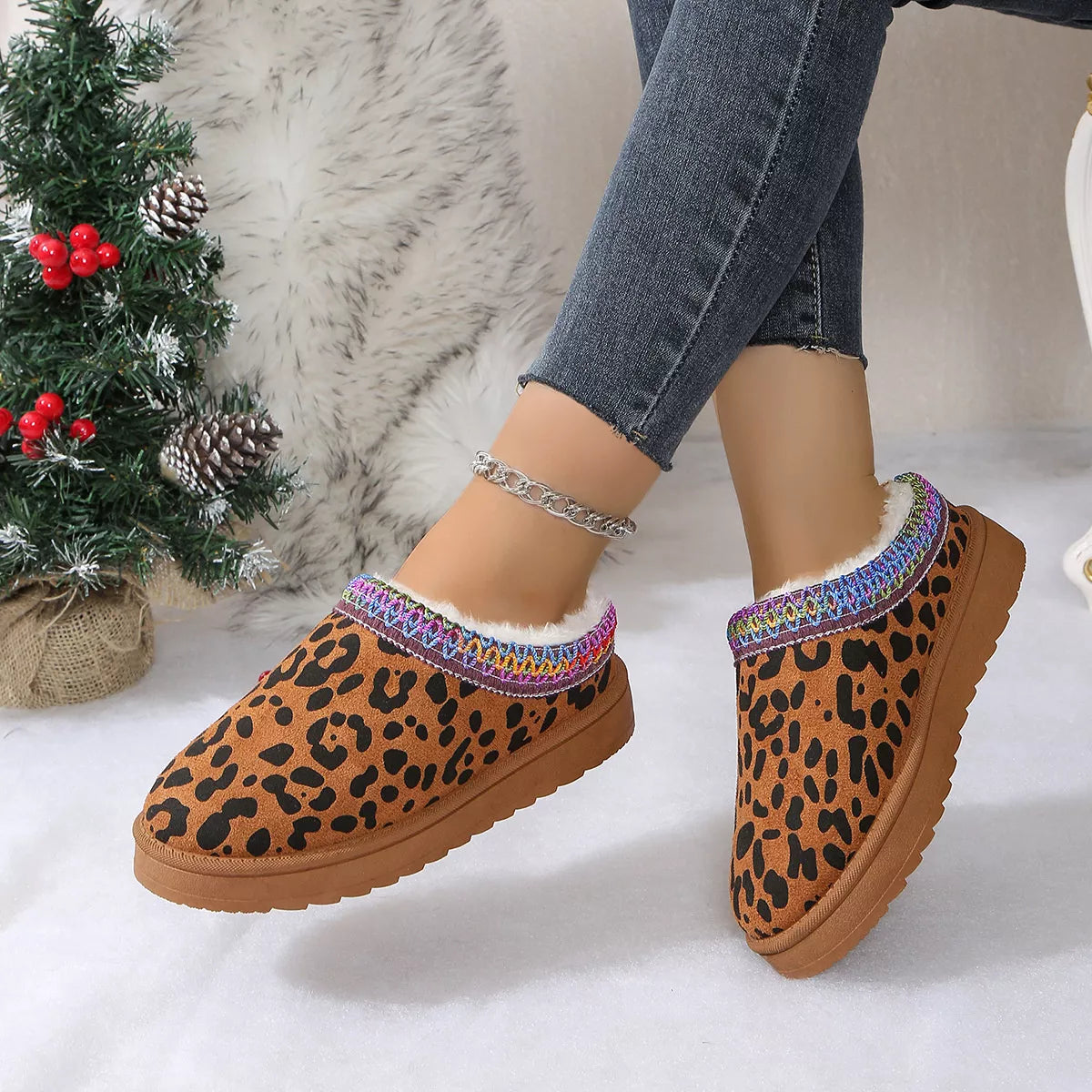 Leopard Print Plush Lined Warm Slip-Ons -