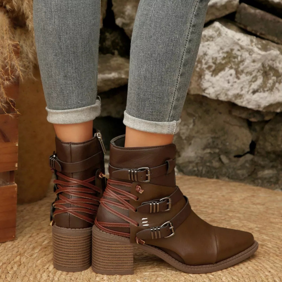 Point Toe Buckle Strap Ankle Boots -