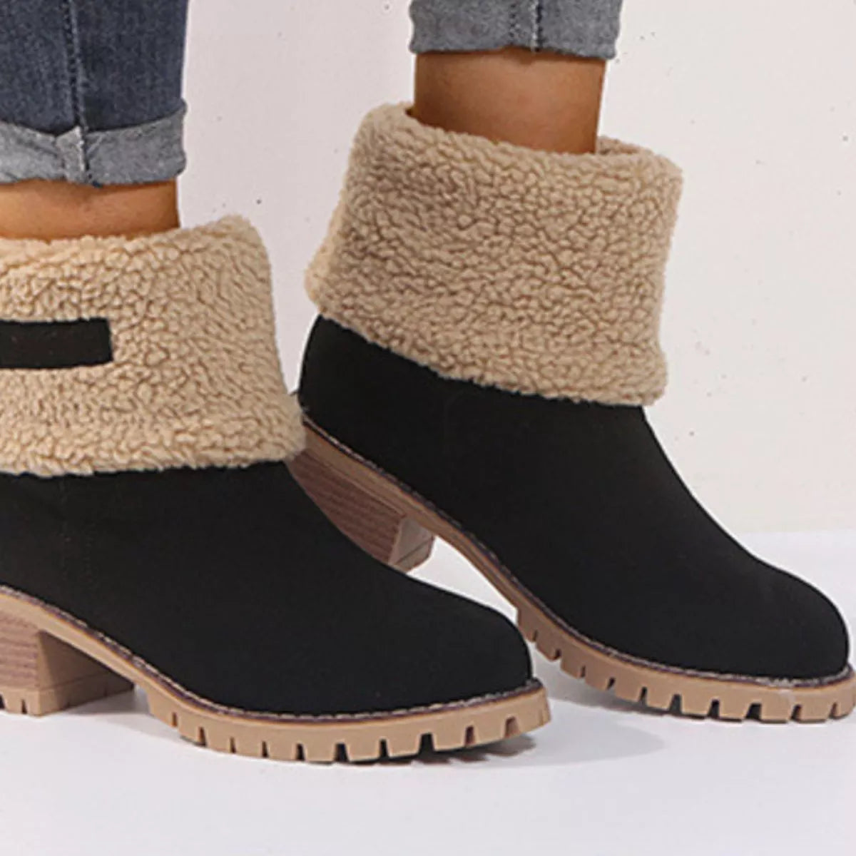 Round Toe Block Heels Boots - Black