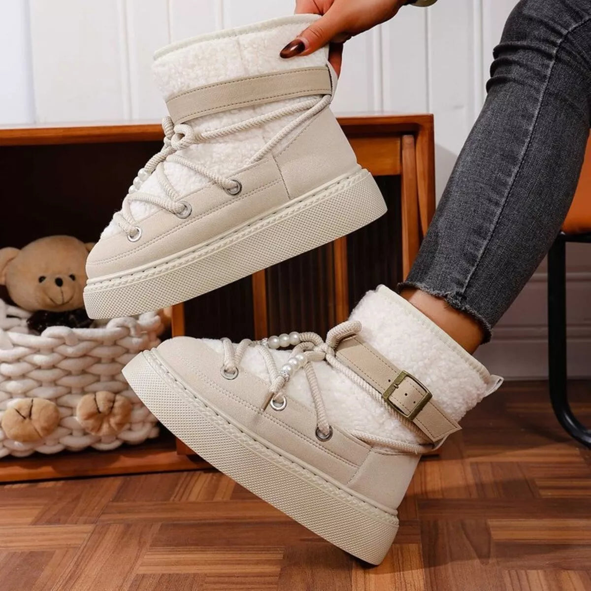 Lace Up Platform Boots - Beige