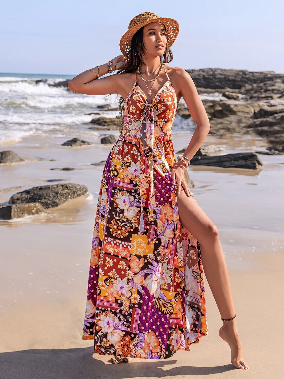 Slit Printed Halter Neck Cami Dress -