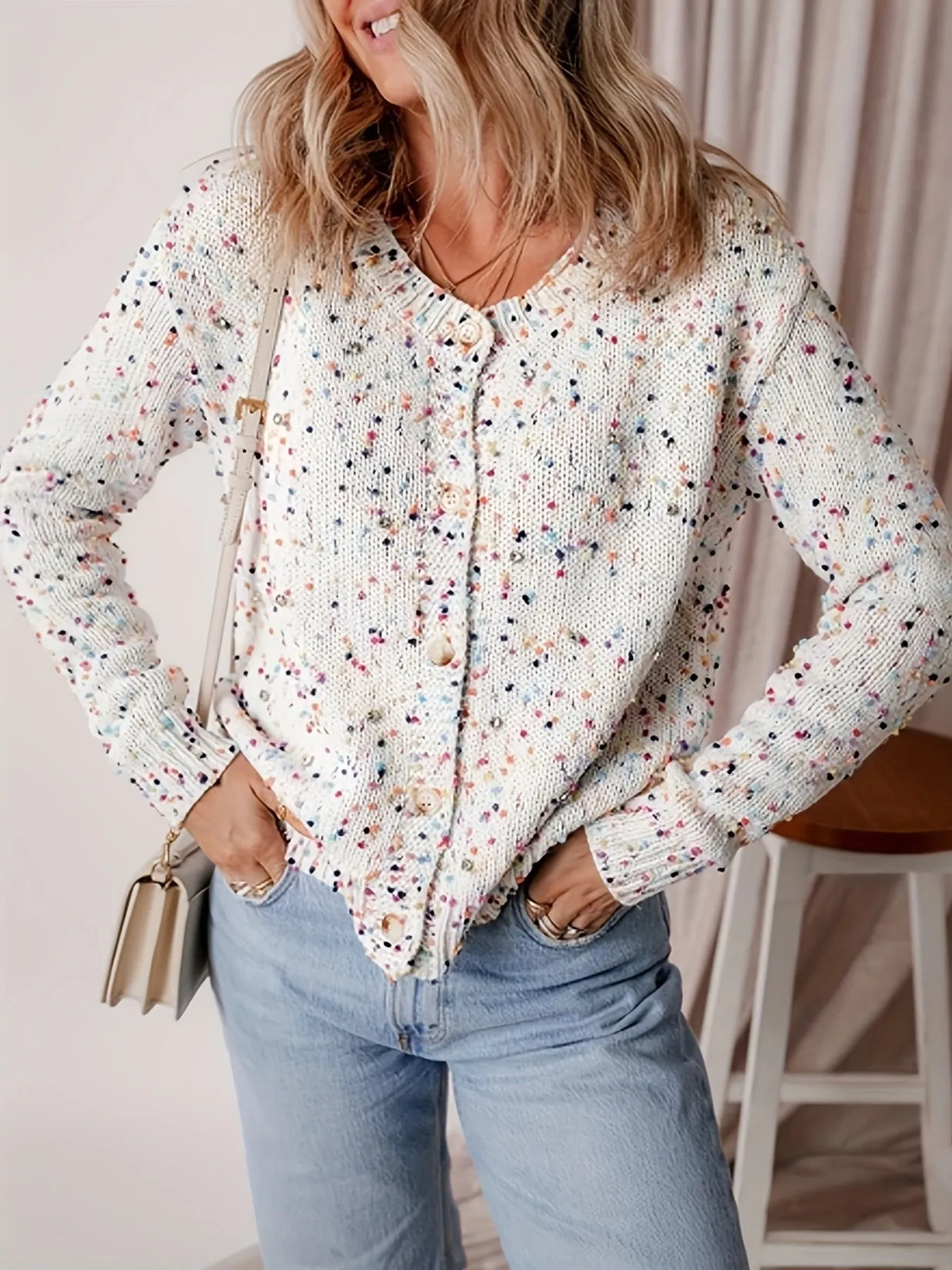 Colorful Button Up Long Sleeve Cardigan - White