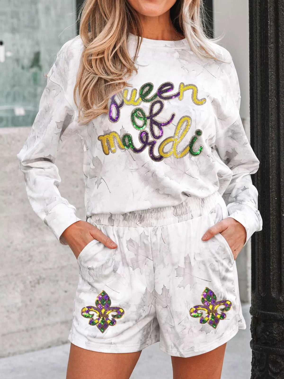 Queen of Mardi Gras Top and Shorts Set - White