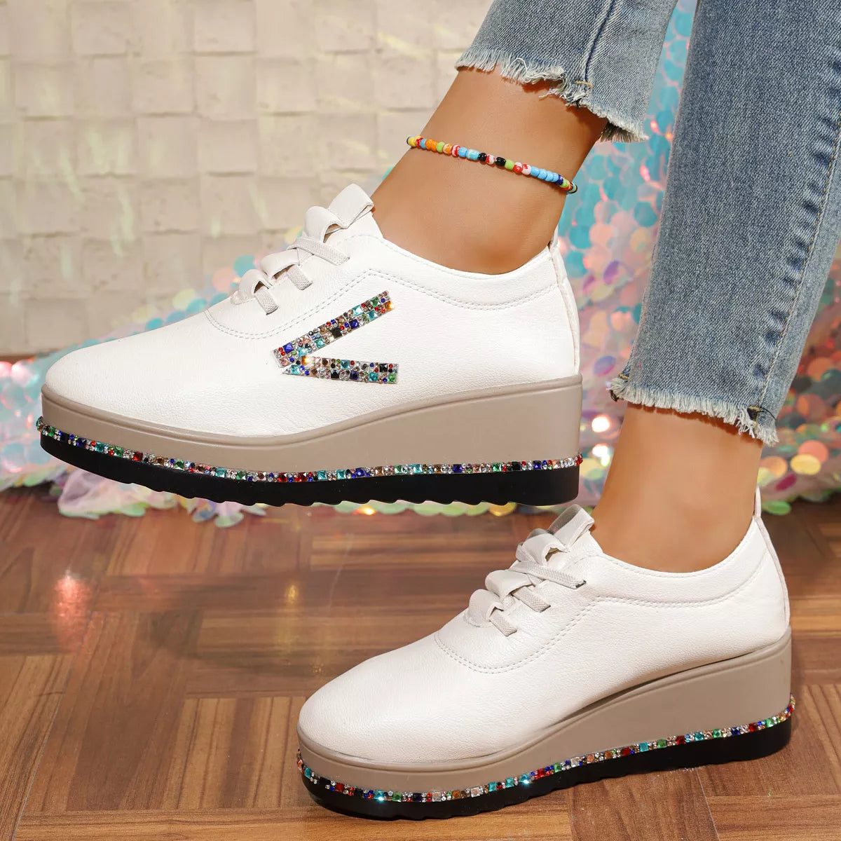 Rhinestone Round Toe Wedge Sneakers -
