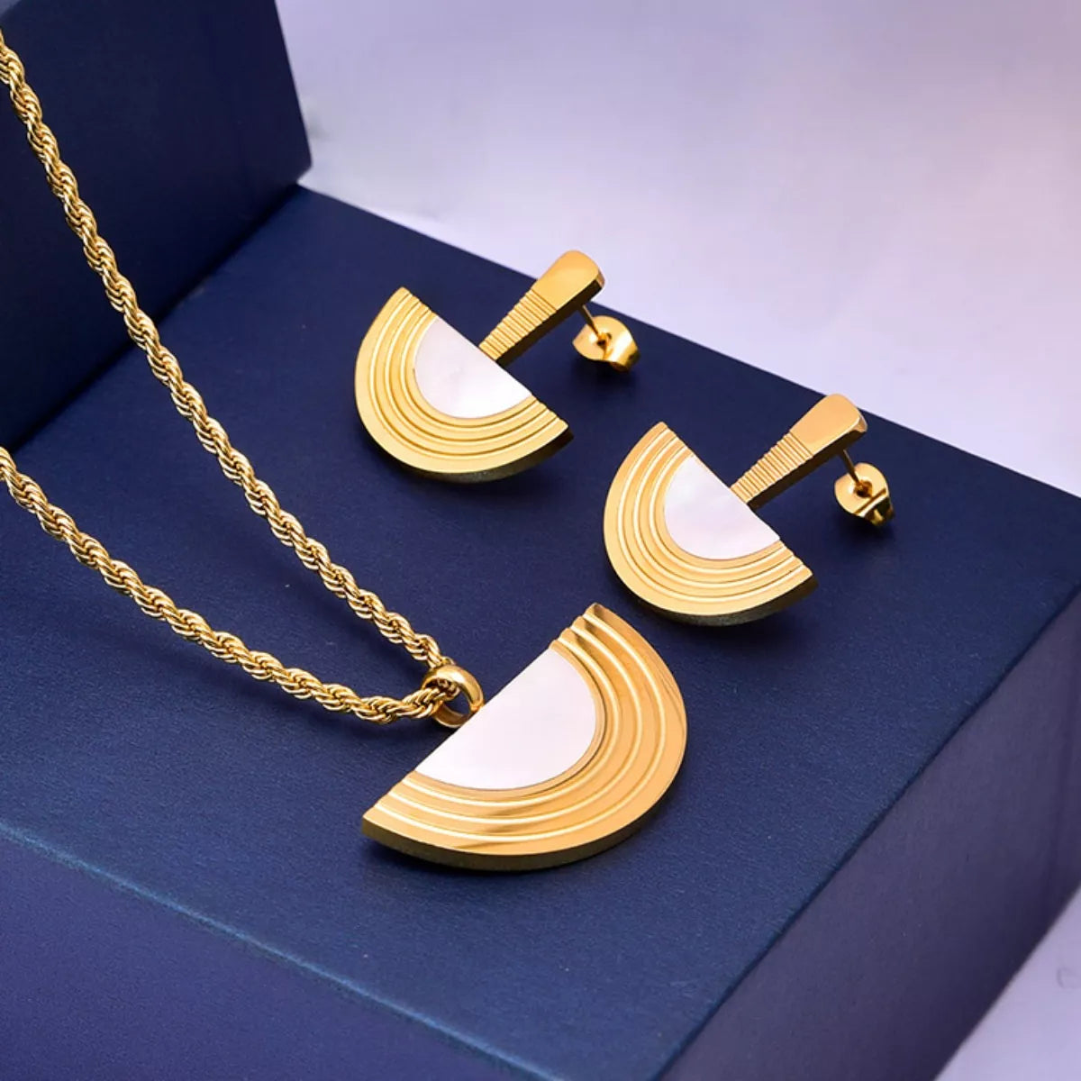 Geometric Half-Circle Necklace Ring and Earrings Jewelry Set -