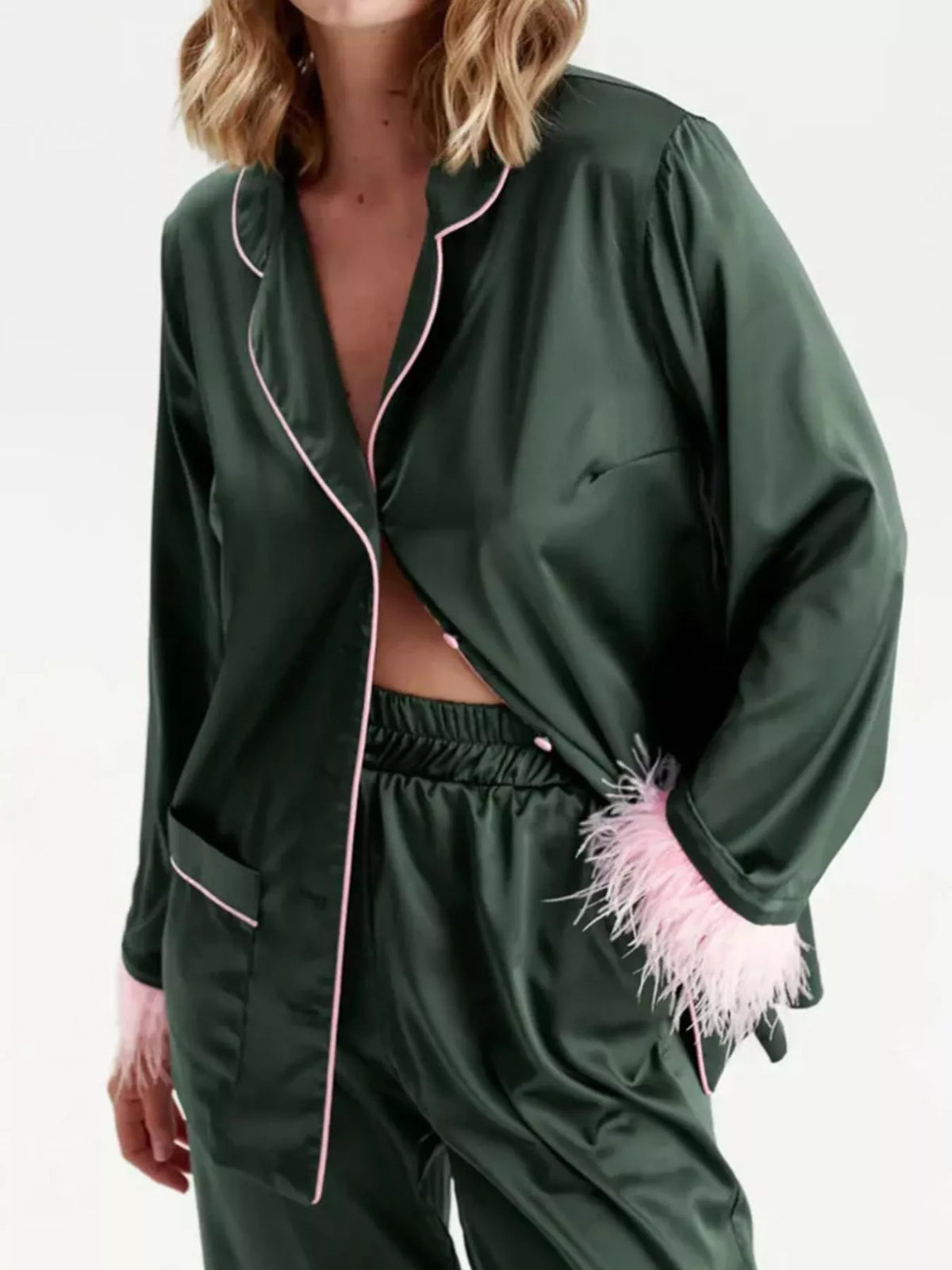 Silky Button Up Top and Pants Lounge Set - Sage