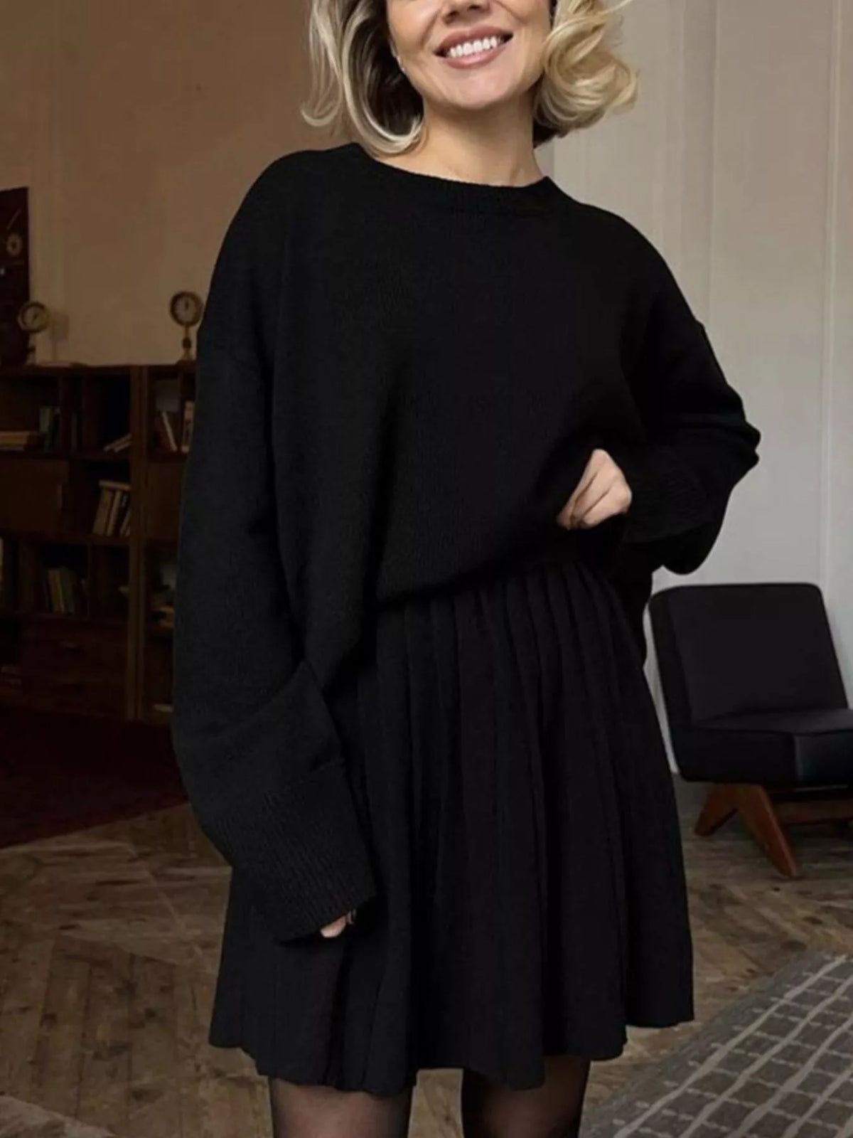 Round Neck Top and Pleated Skirt Sweater Set -