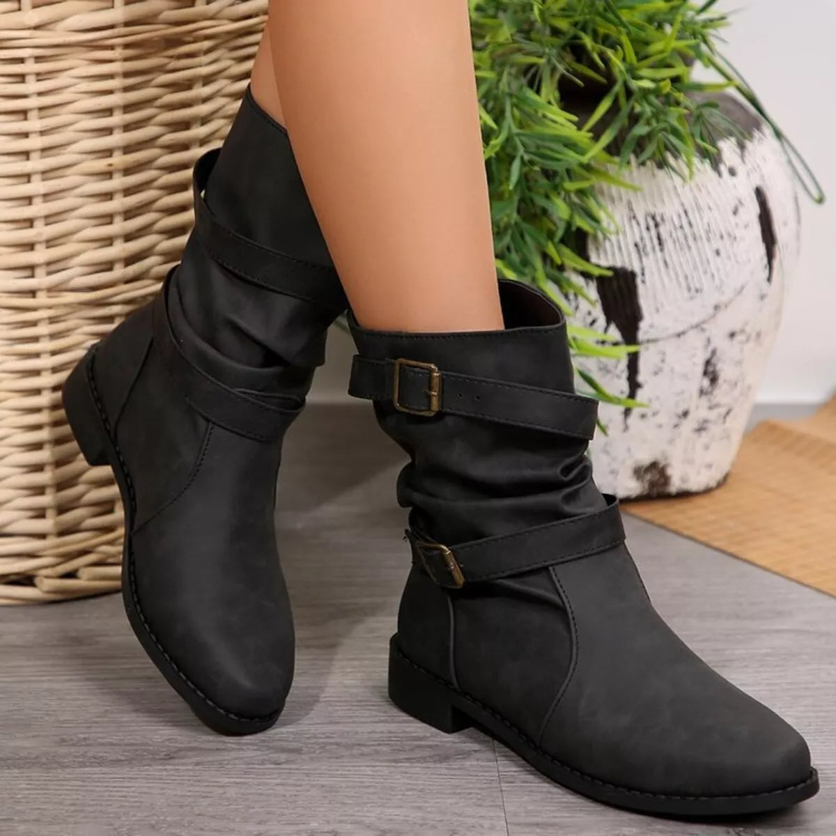 Buckled Low Heel Boots - Black