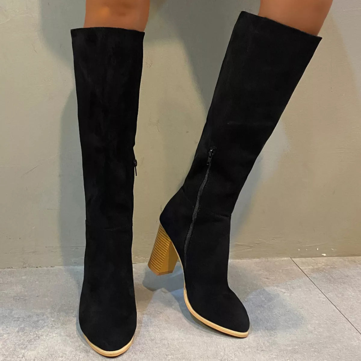 Point Toe Knee-High Suede Block Heel Boots -