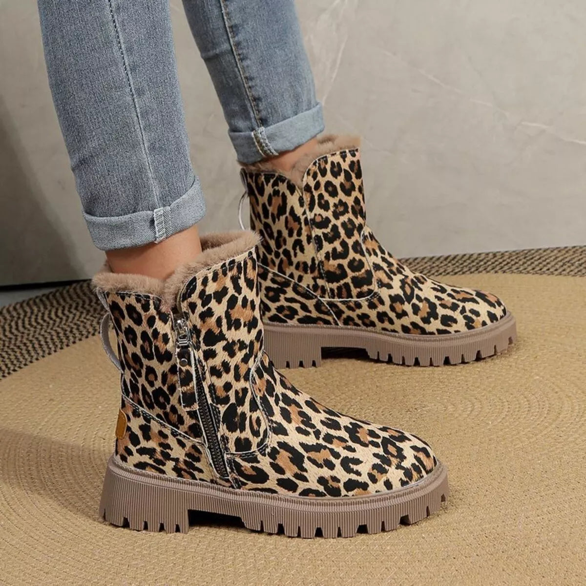 Leopard Print Fur Lined Ankle Boots - Leopard