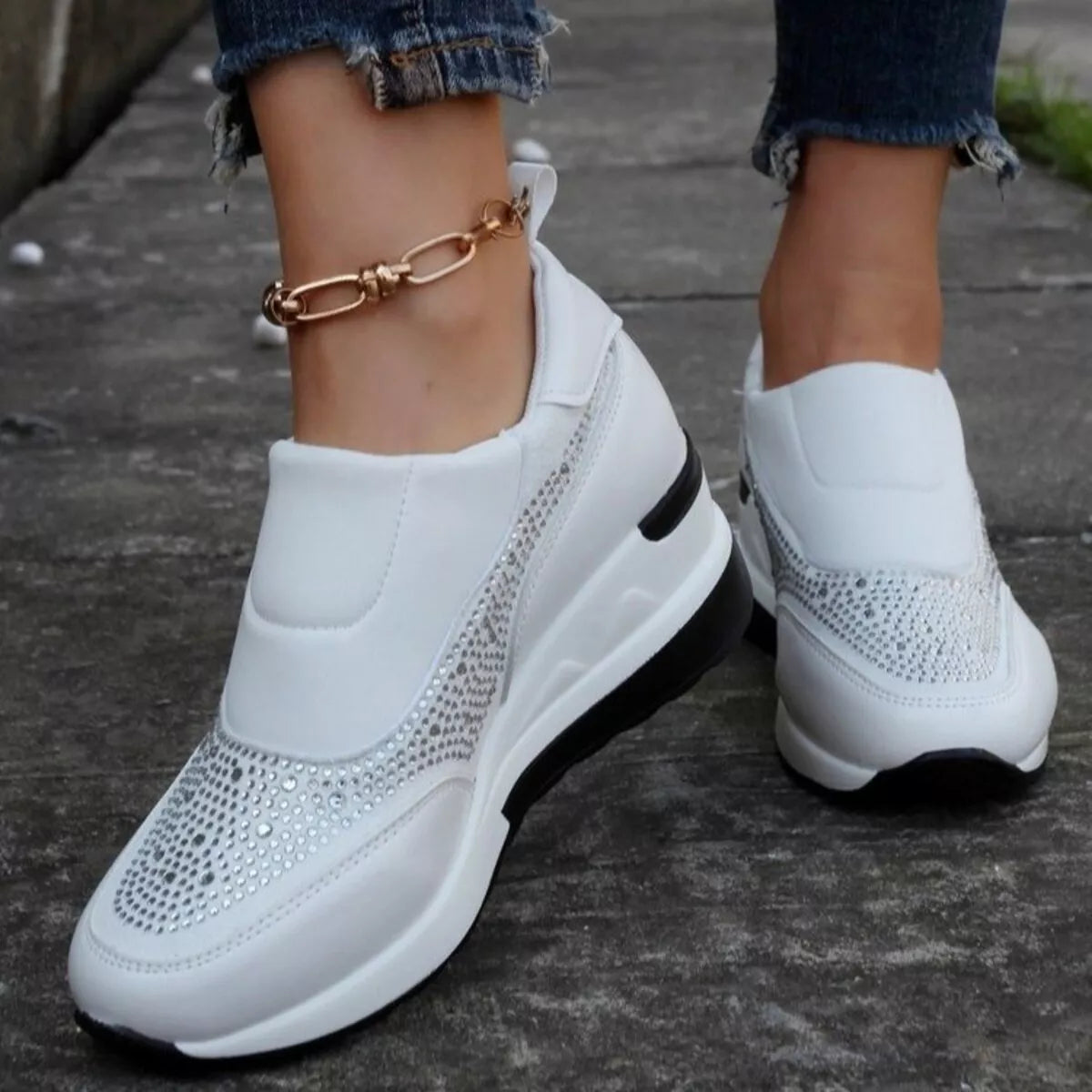 Rhinestone Embellished Wedge Sneakers -