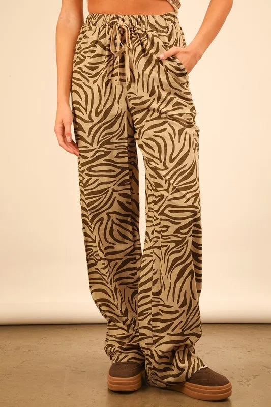Animal Print Linen Wide Leg Pants -