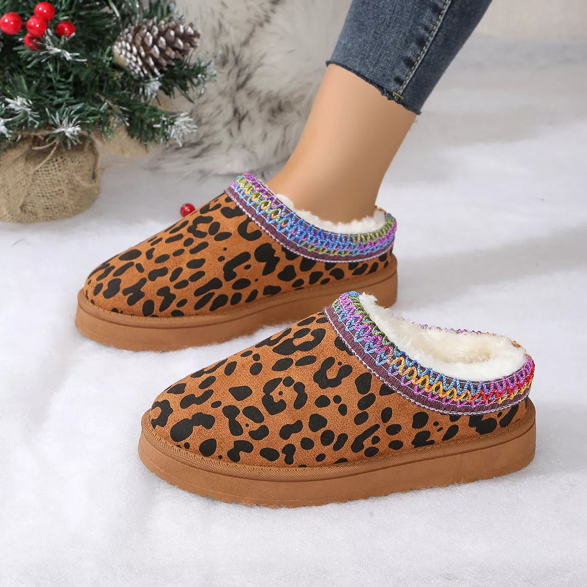 Leopard Print Plush Lined Warm Slip-Ons -