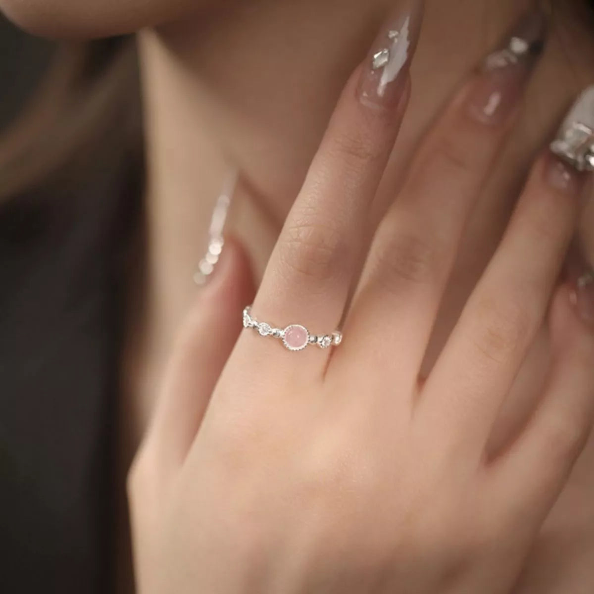 Sterling Silver Open Ring - Pink Crystal One Size