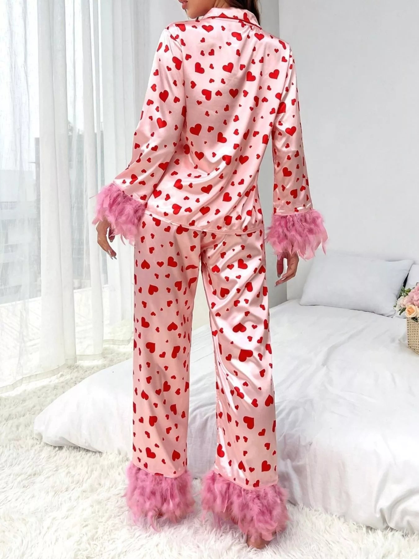Heart Print Button Up Top and Pants Lounge Set -