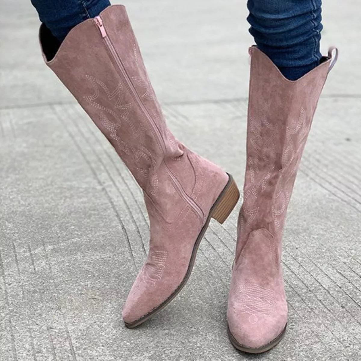 Point Toe Block Heels Boots - Dusty Pink