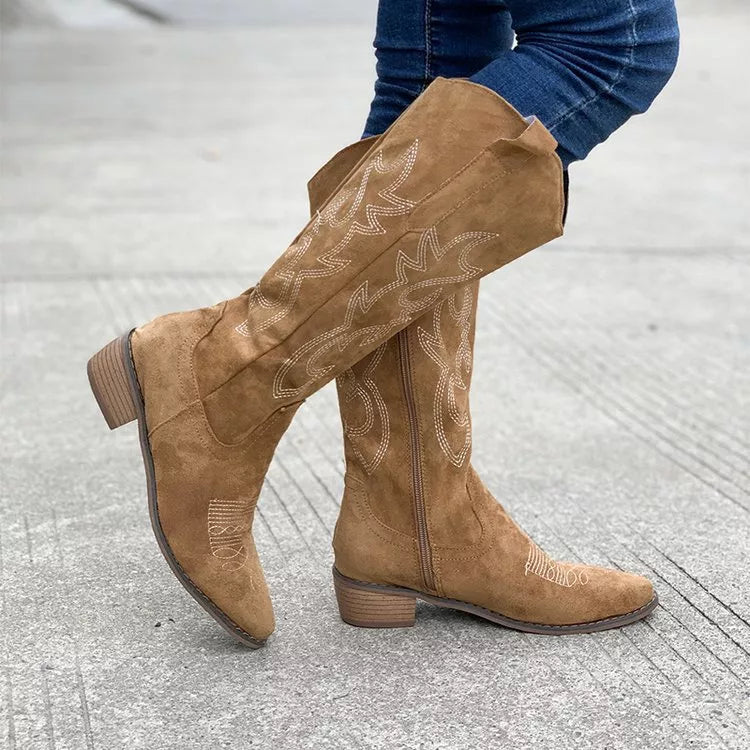 Point Toe Block Heels Boots - Brown