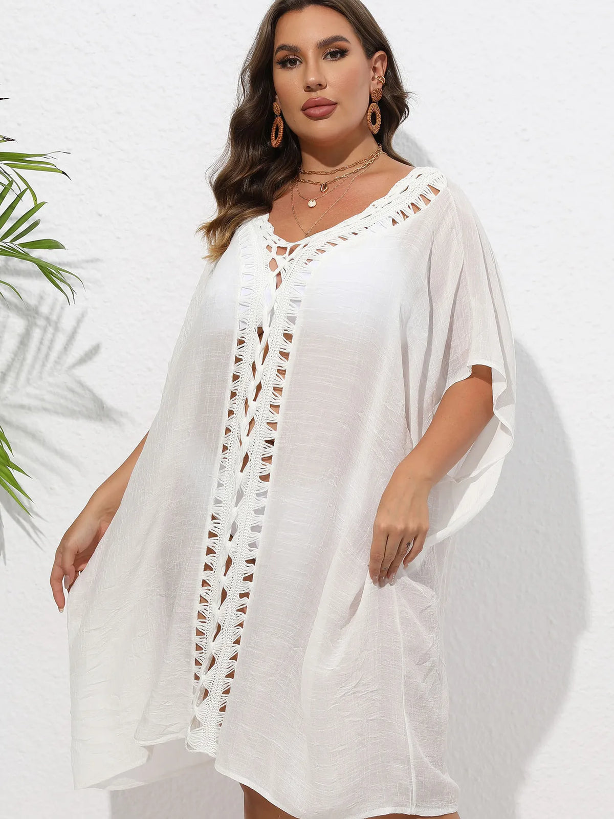 Crochet Trim V-Neck Beach Cover-Up Dress -