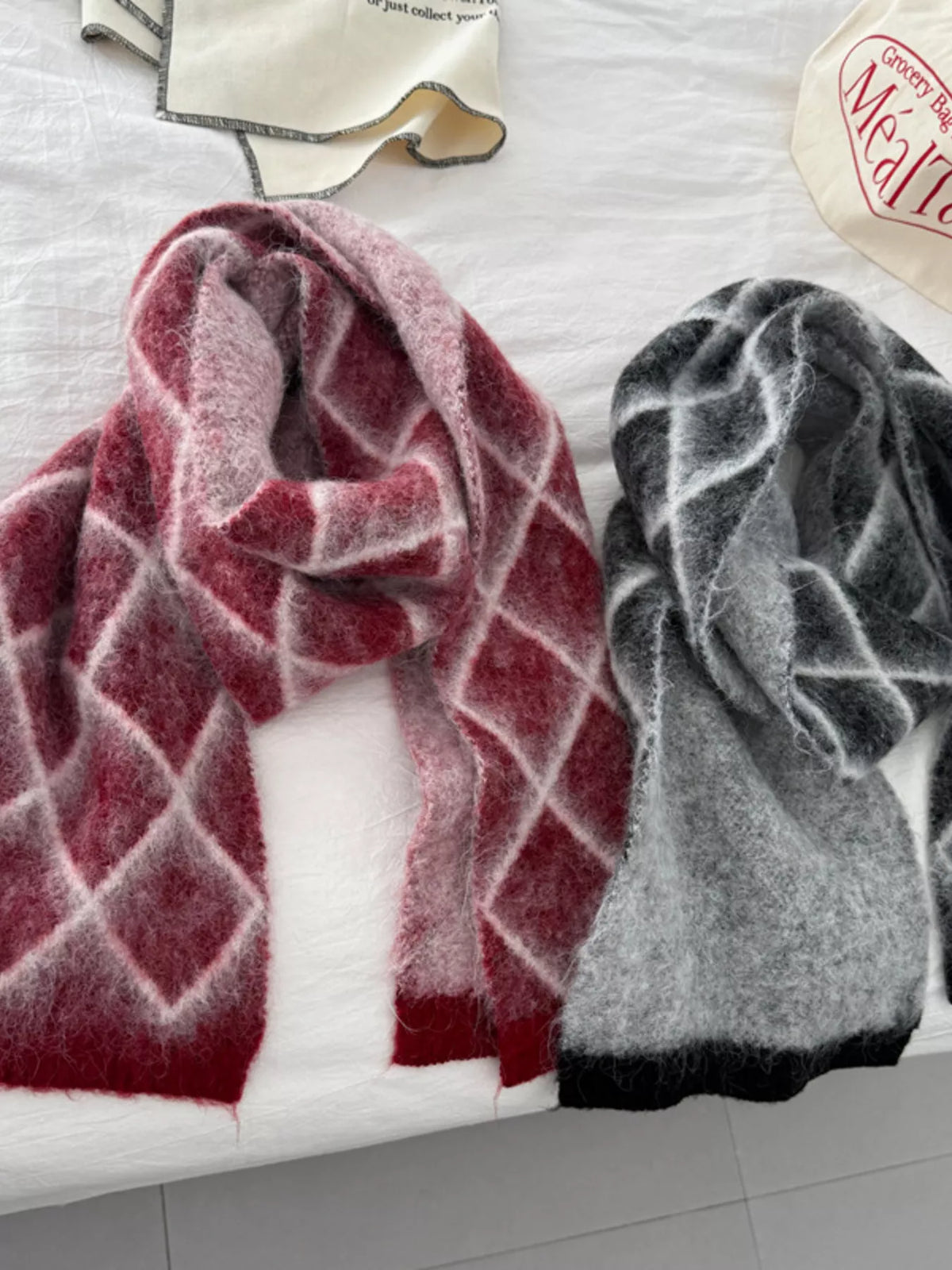 Diamond Pattern Fuzzy Knit Scarf -