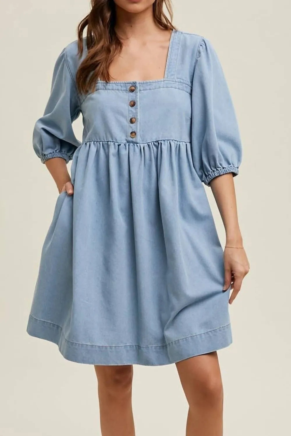 Square Neck Half Sleeve Denim Dress -