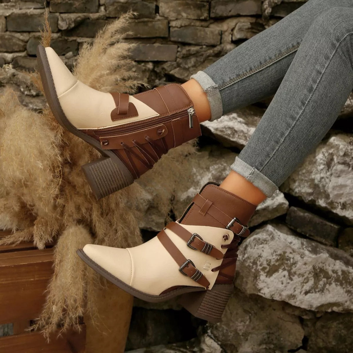 Point Toe Buckle Strap Ankle Boots -