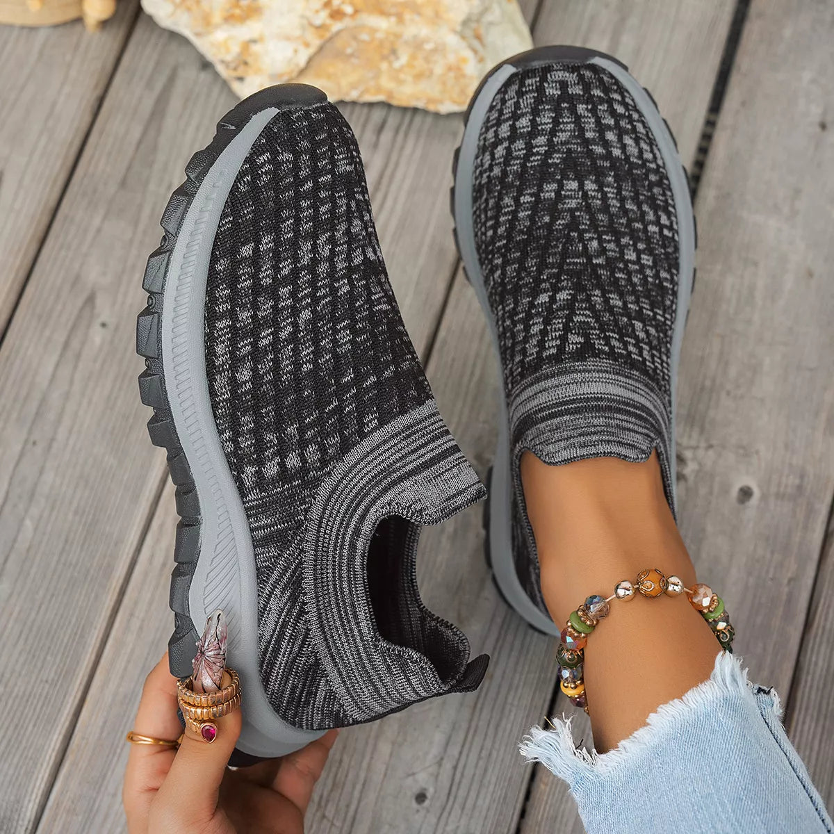 Round Toe Mesh Slip-Ons - Black