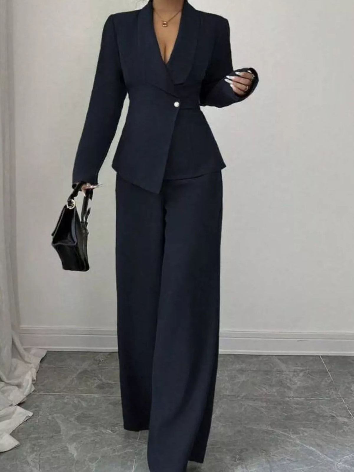 One Button Blazer and Pants Set - Navy Blue