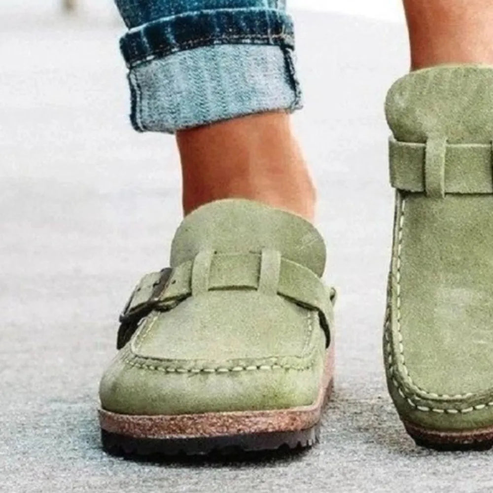 Round Toe Low Heel Buckle Loafers -