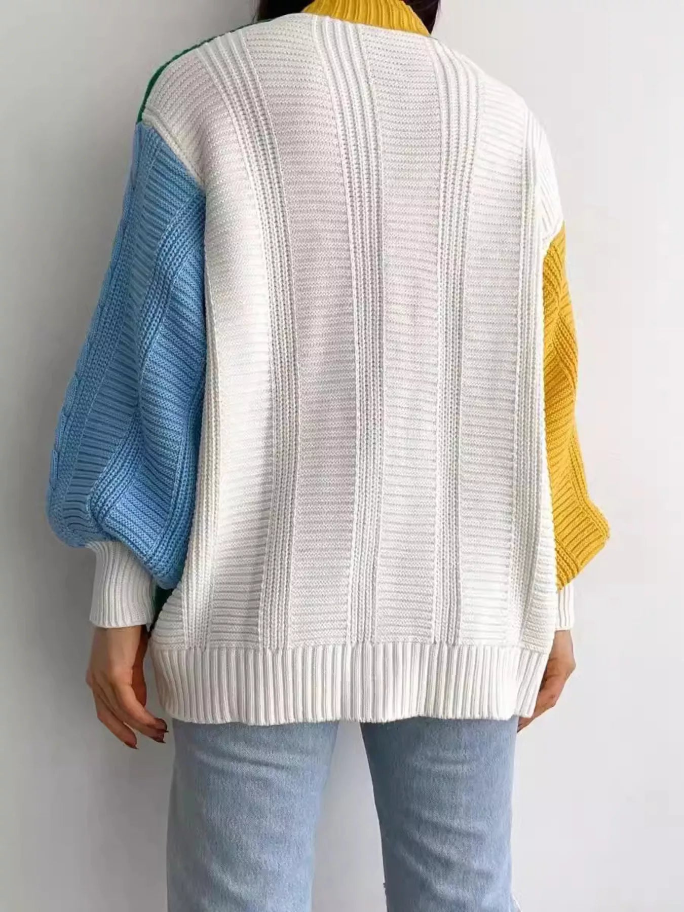 Color Block Button Down Cable-Knit Cardigan -