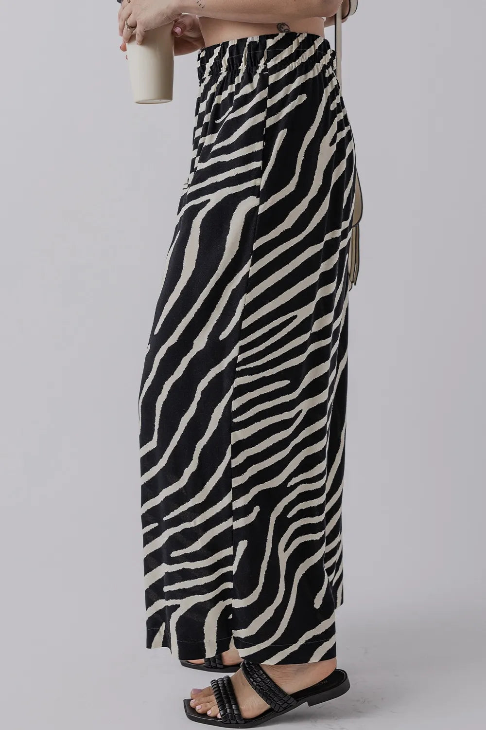 Zebra Striped Summer Wide Leg Pants - Black