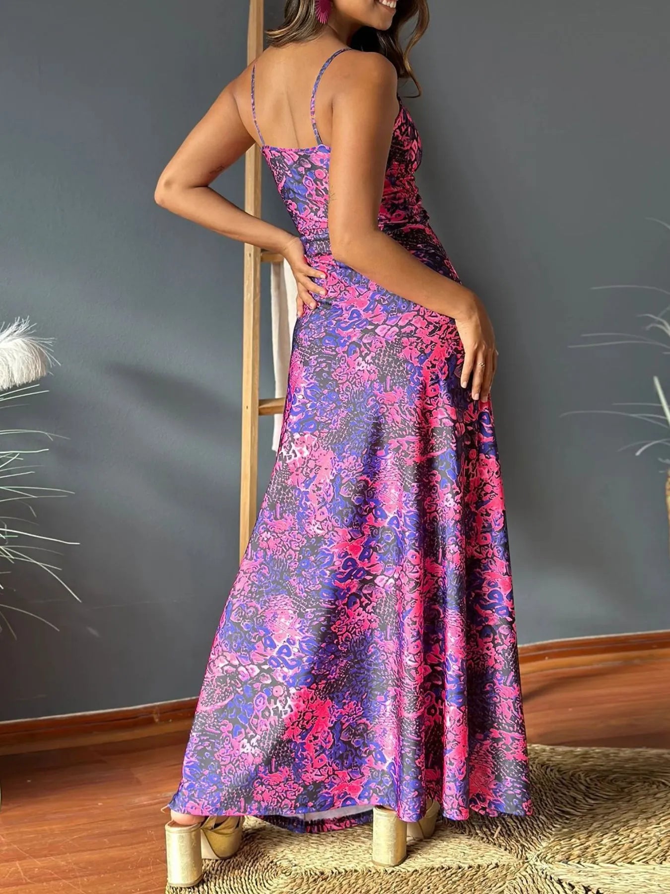 Tropical Print V-Neck Maxi Dress -