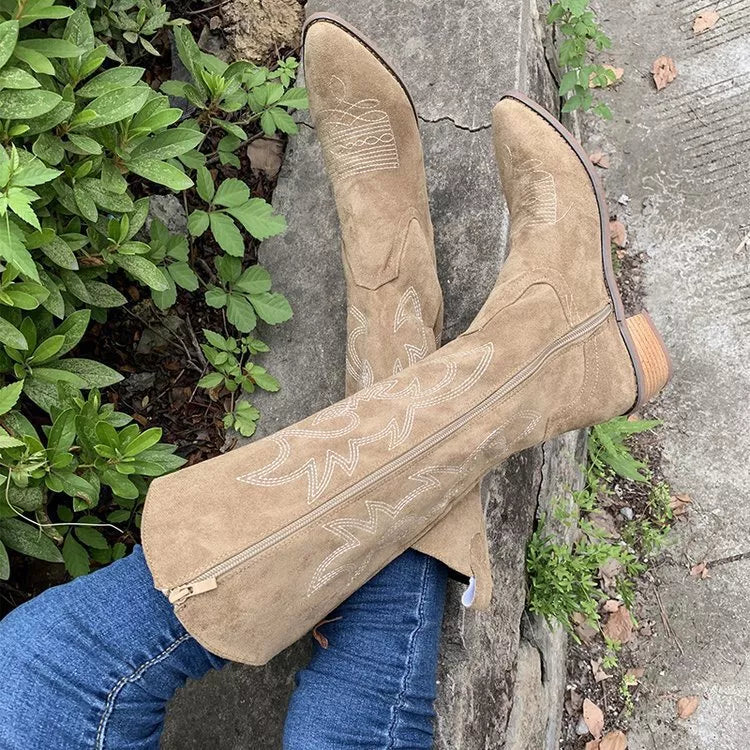 Point Toe Block Heels Boots - Khaki