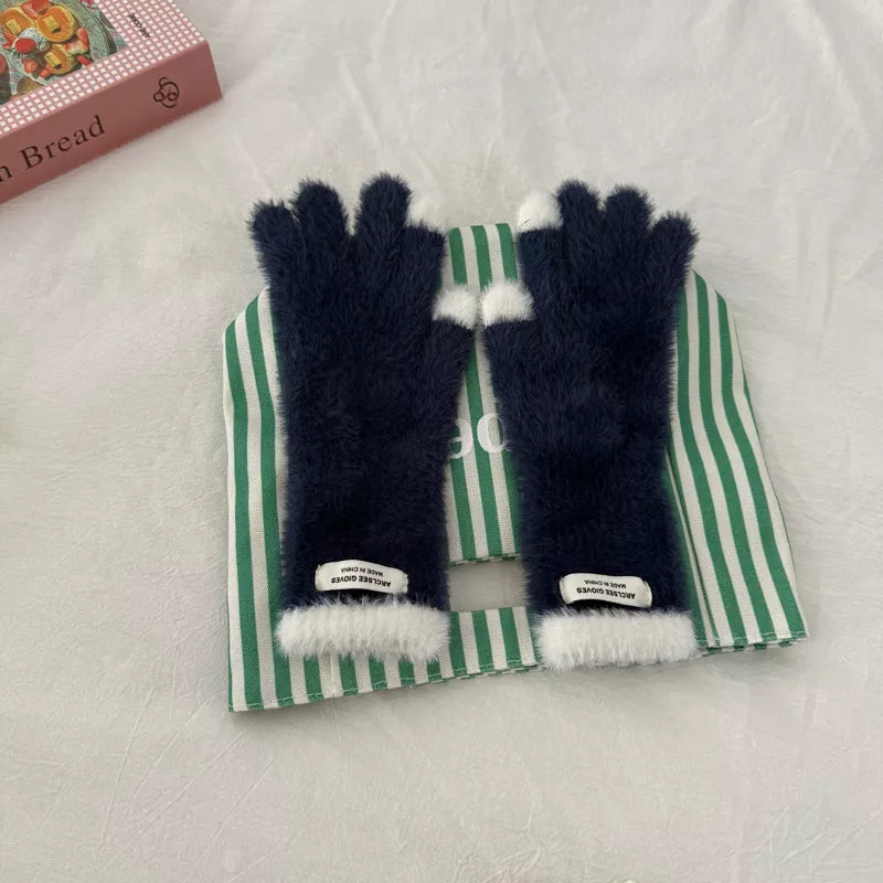 Warm Plush Contrast Knitted Gloves - Navy Blue One Size
