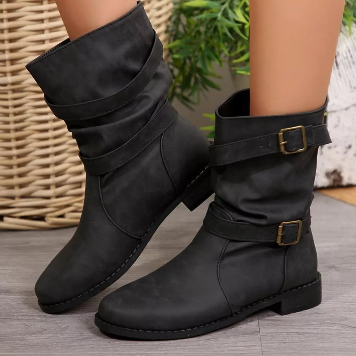 Buckled Low Heel Boots - Black