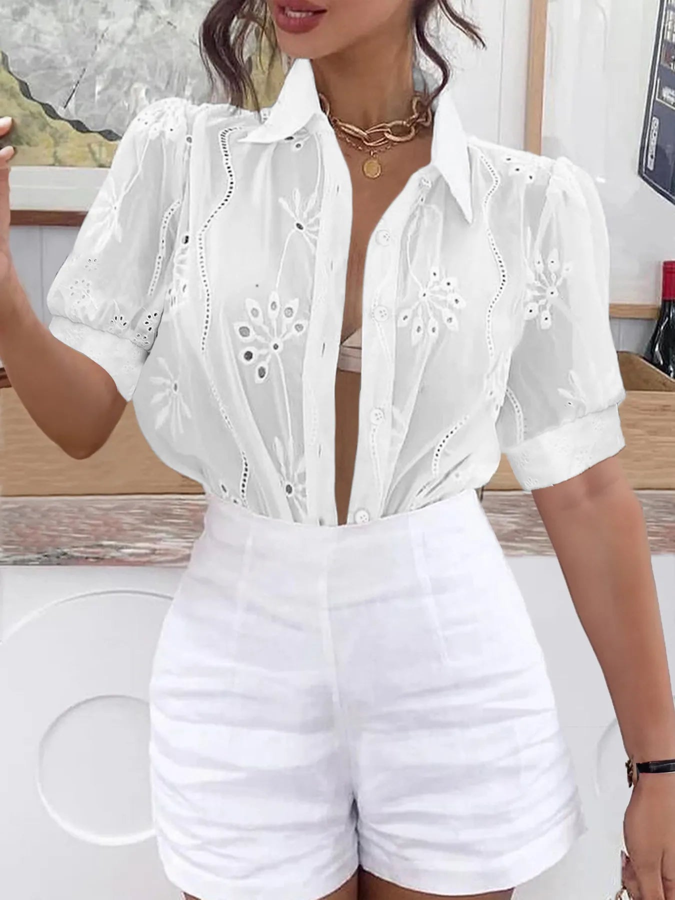 Eyelet Puff Sleeve Button-Up Shirt - White