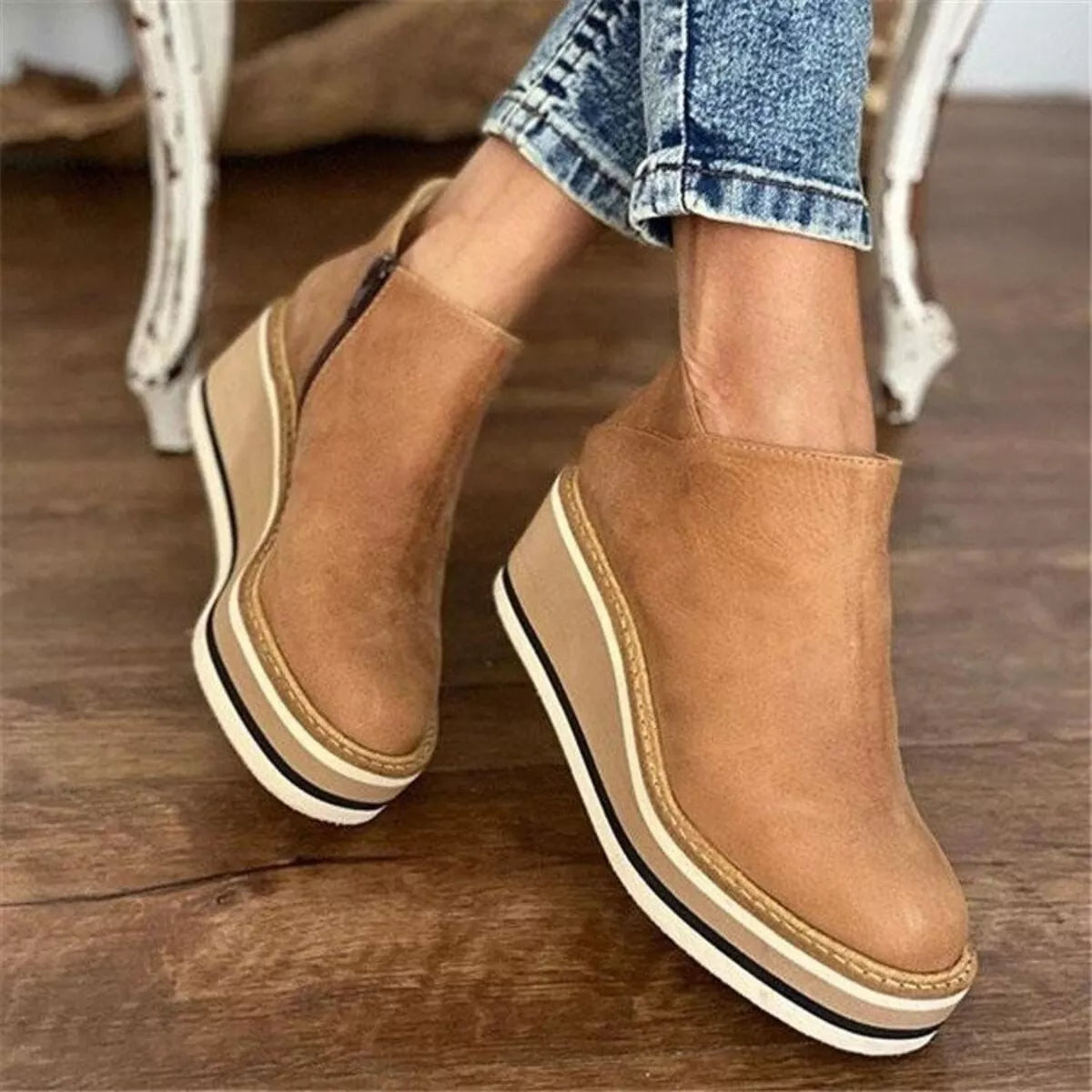 Ankle Wedge Boots with Zipper - Tan